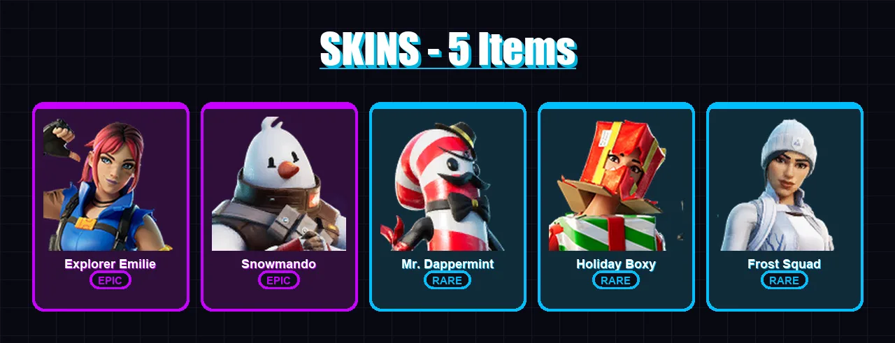[PS4/PS5/XBOX/PC] | Explorer Emilie | Snowmando | Mr. Dappermint | Holiday Boxy | Frost Squad | 5 skin | 14 pickaxe | 11 emote | 15 glider | Lv233