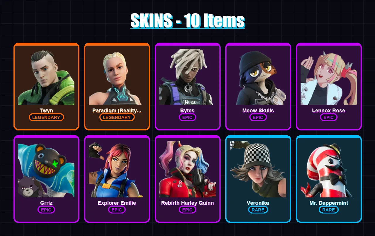 [PC/XBOX/PSN] | Twyn | Paradigm (Reality-659) | Bytes | Meow Skulls | Lennox Rose | 10 skin | 13 pickaxe | 9 emote | 11 glider | Lv122