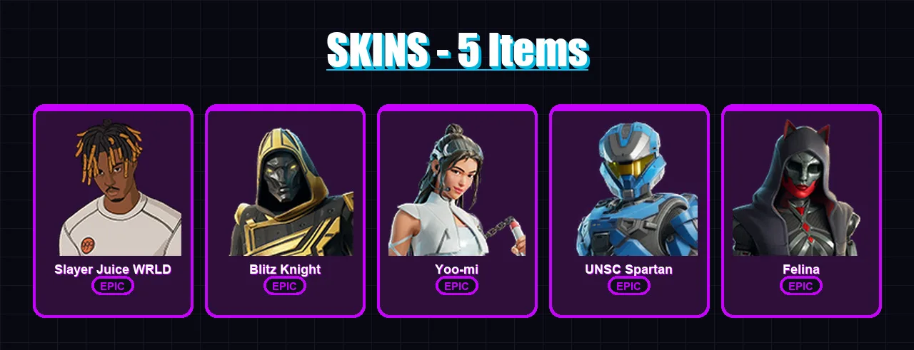 [PC/XBOX/PSN] | Slayer Juice WRLD | Blitz Knight | Yoo-mi | UNSC Spartan | Felina | 5 skin | 67 pickaxe | 24 emote | 40 glider | Lv712