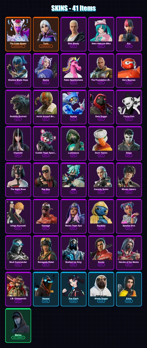 [PC/XBOX/PSN] | The Cube Queen | Torin | Slim Shady | Neko Hatsune Miku | Kor | 41 skin | 64 pickaxe | 47 emote | 45 glider | Lv532