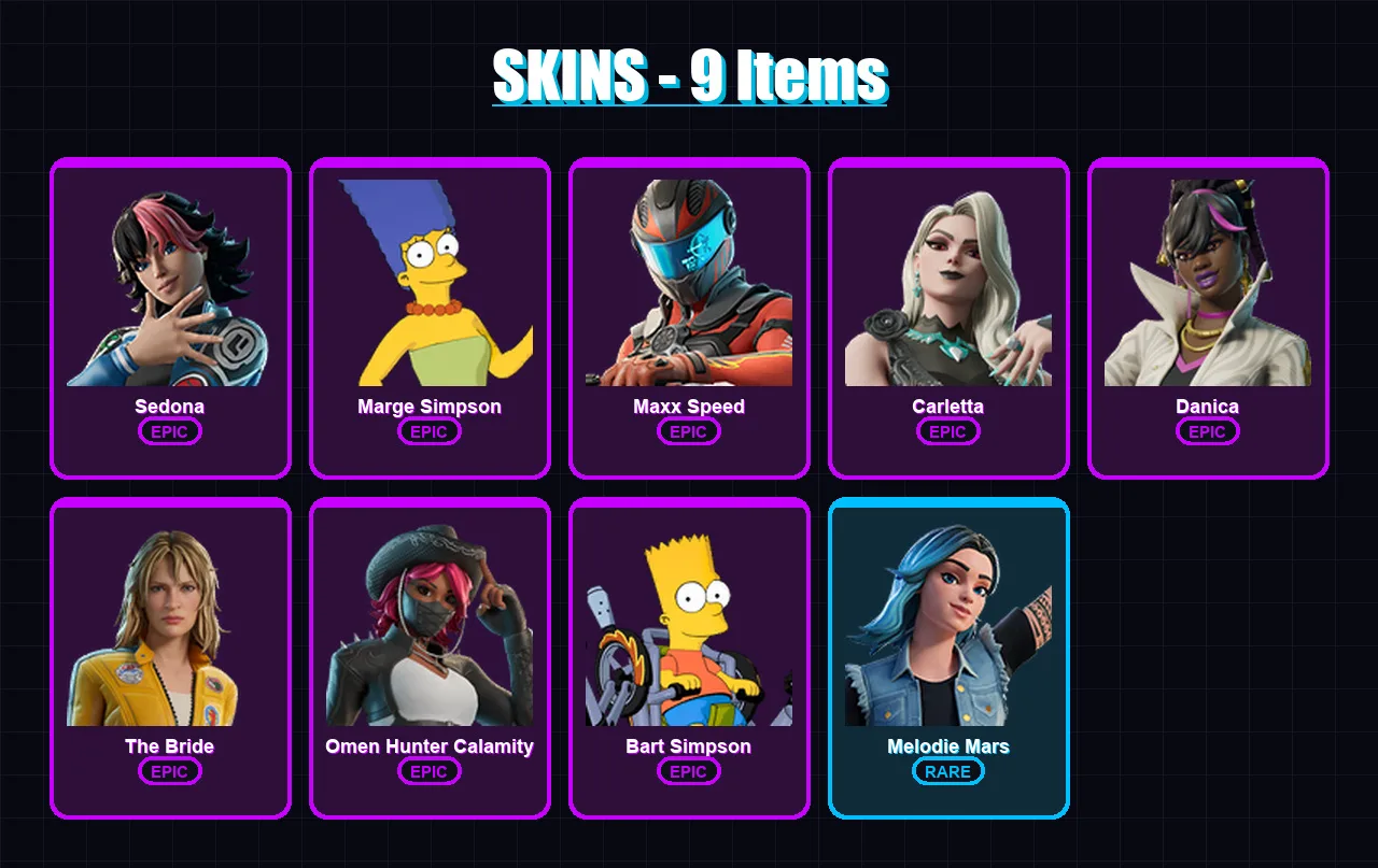 [PC/XBOX/PSN] | Sedona | Marge Simpson | Maxx Speed | Carletta | Danica | 9 skin | 8 pickaxe | 4 emote | 5 glider | Lv29