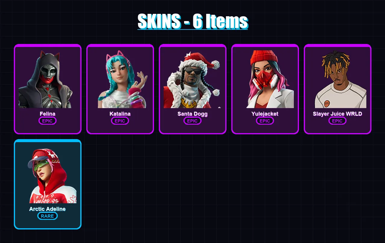 [PC/PSN] | Felina | Katalina | Santa Dogg | Yulejacket | Slayer Juice WRLD | 6 skin | 36 pickaxe | 10 emote | 22 glider | Lv217 — Game account