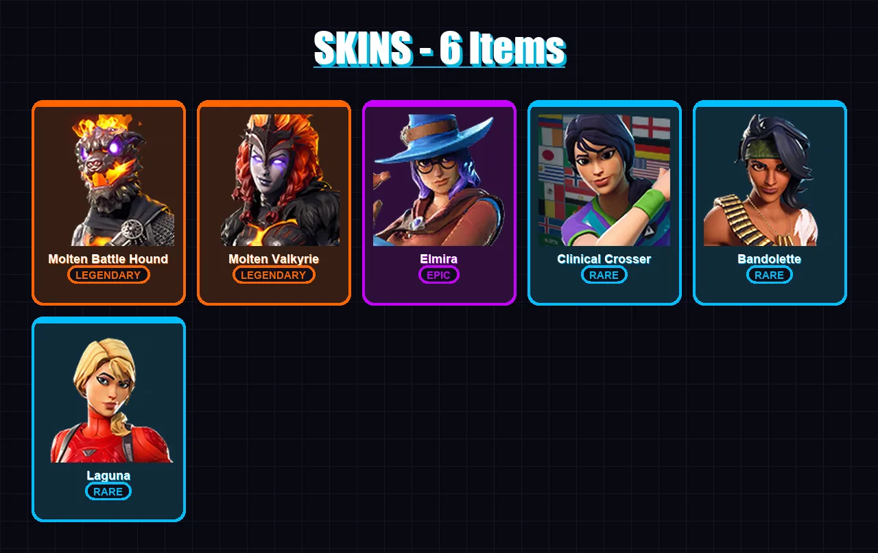 [PS4/PS5/XBOX/PC] | Molten Battle Hound | Molten Valkyrie | Elmira | Clinical Crosser | Bandolette | 6 skin | 2 pickaxe | 4 emote | 4 glider | Lv22