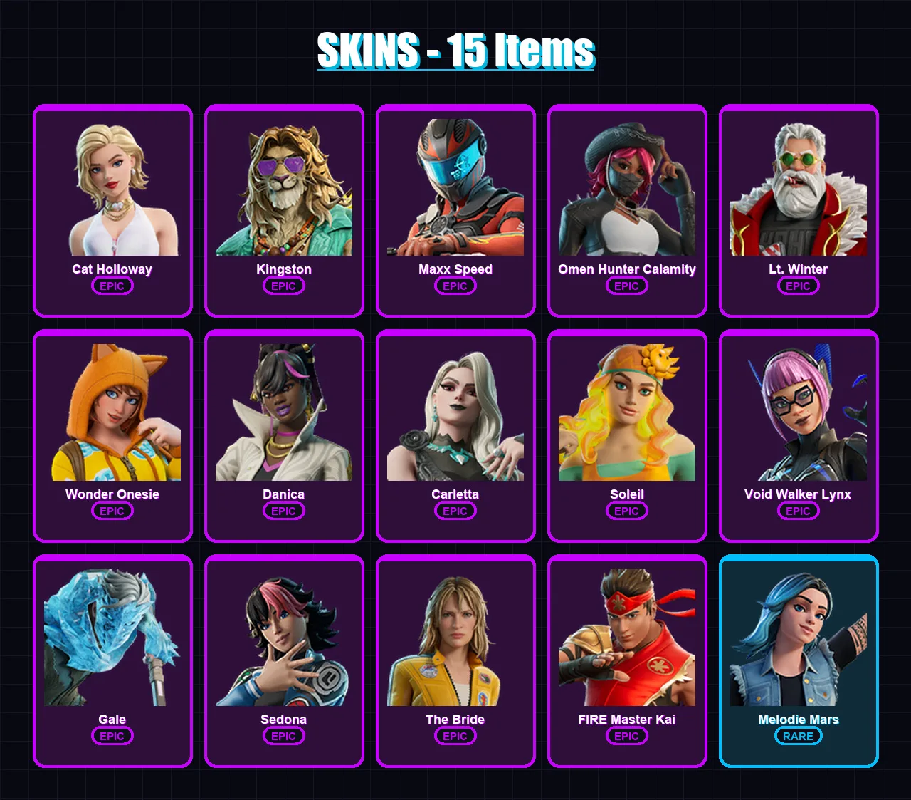 [SWITCH/PSN/PC] | Cat Holloway | Kingston | Maxx Speed | Omen Hunter Calamity | Lt. Winter | 15 skin | 16 pickaxe | 13 emote | 9 glider | Lv82
