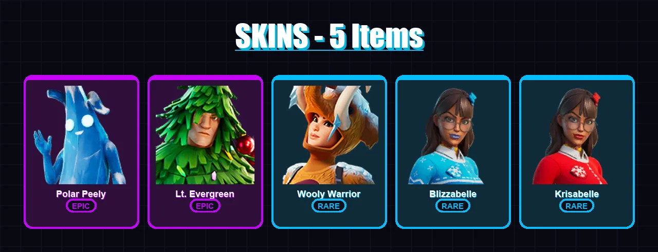 [PC/XBOX/PSN] | Polar Peely | Lt. Evergreen | Wooly Warrior | Blizzabelle | Krisabelle | 5 skin | 15 pickaxe | 22 emote | 19 glider | Lv514