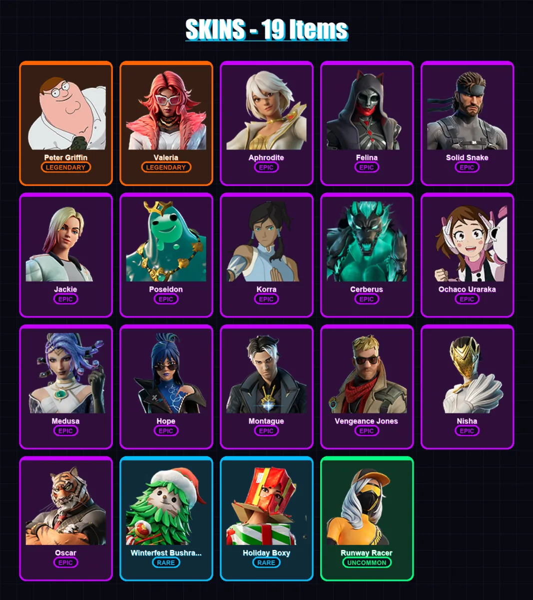[PC/XBOX/PSN] | Peter Griffin | Valeria | Aphrodite | Felina | Solid Snake | 19 skin | 44 pickaxe | 28 emote | 36 glider | Lv535 — Fortnite account