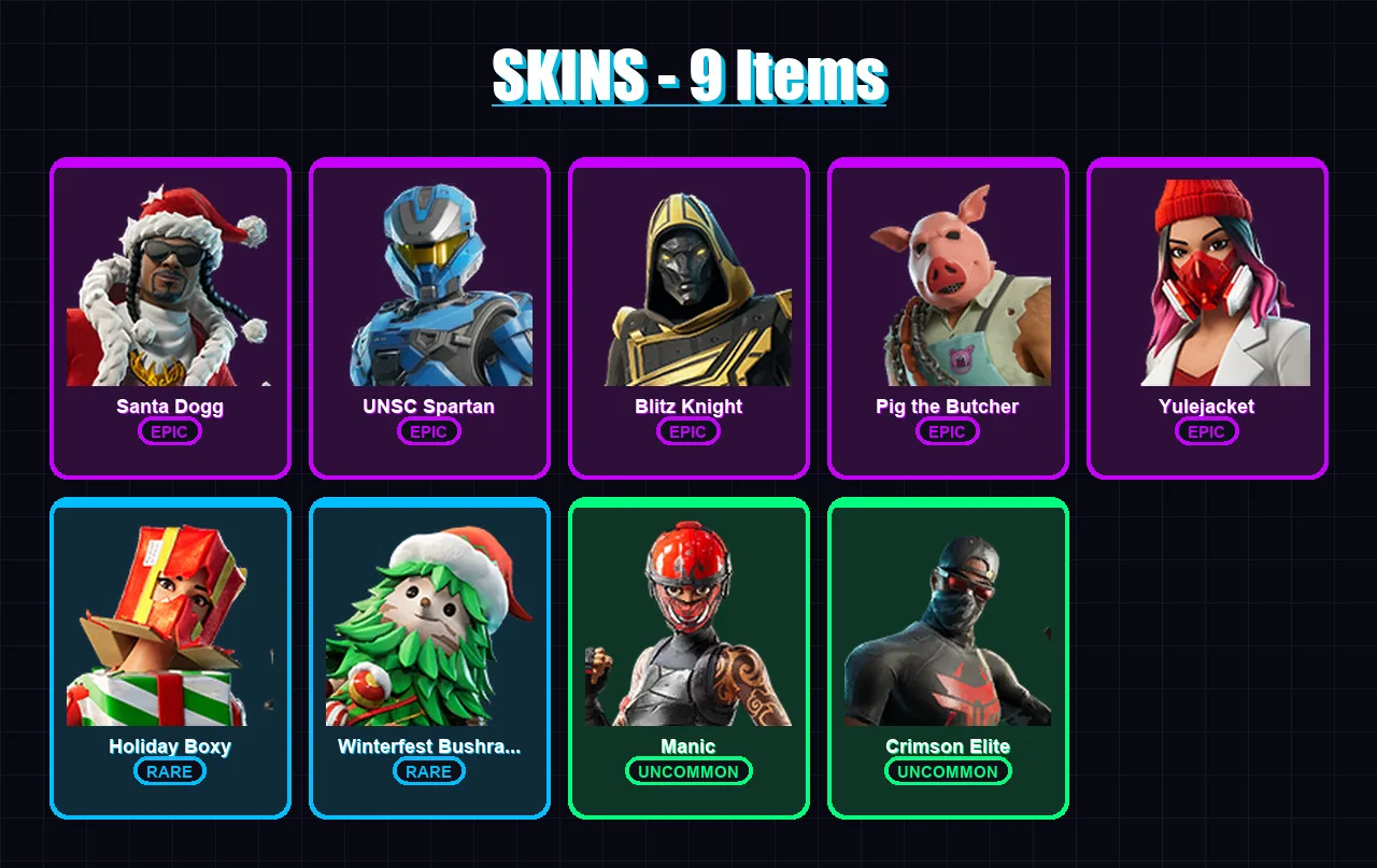 [PS4/PS5/XBOX/PC] | Santa Dogg | UNSC Spartan | Blitz Knight | Pig the Butcher | Yulejacket | 9 skin | 48 pickaxe | 21 emote | 46 glider | Lv801