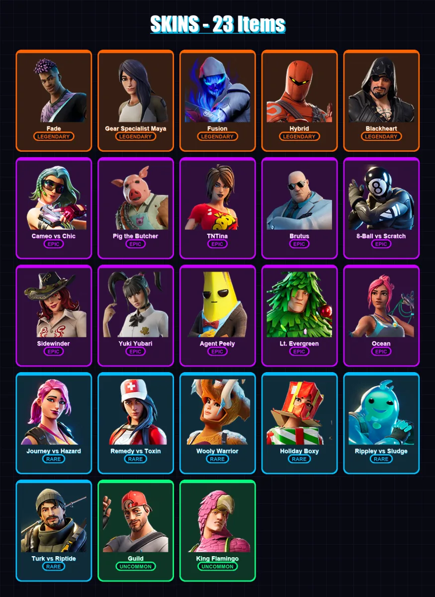 [PC] | Fade | Gear Specialist Maya | Fusion | Hybrid | Blackheart | 23 skin | 34 pickaxe | 33 emote | 34 glider | Lv635