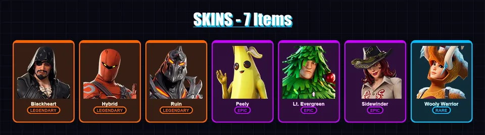 [PC] | Blackheart | Hybrid | Ruin | Peely | Lt. Evergreen | 7 skin | 20 pickaxe | 19 emote | 17 glider | Lv312 — main preview