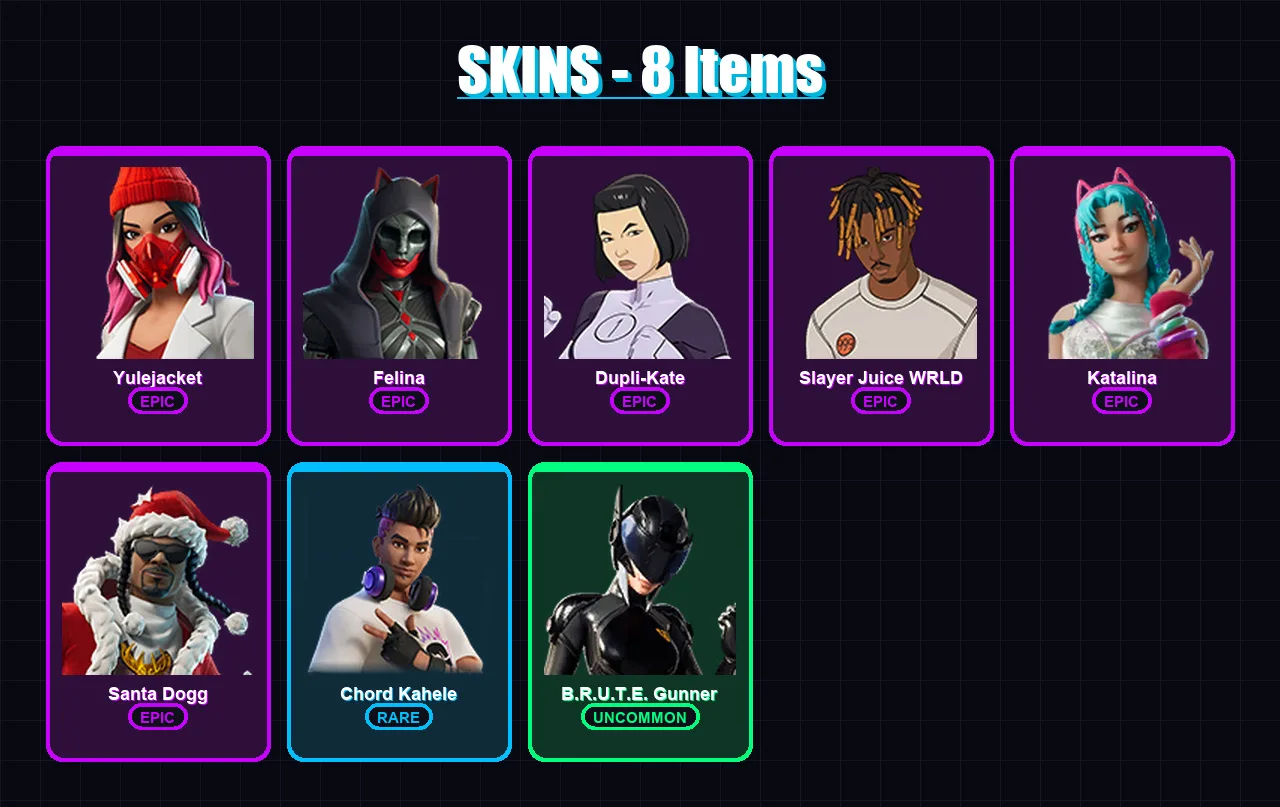 [PC/PSN] | Yulejacket | Felina | Dupli-Kate | Slayer Juice WRLD | Katalina | 8 skin | 38 pickaxe | 13 emote | 20 glider | Lv326