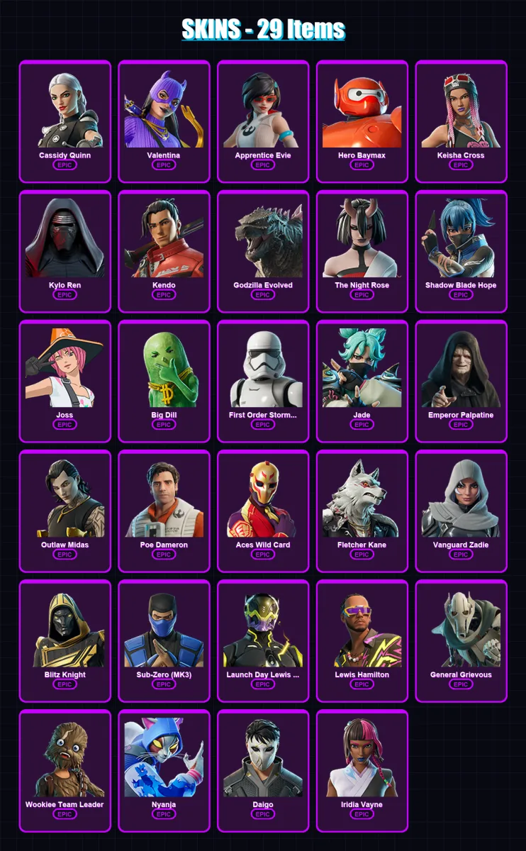 [PC/XBOX/PSN] | Cassidy Quinn | Valentina | Apprentice Evie | Hero Baymax | Keisha Cross | 29 skin | 59 pickaxe | 36 emote | 42 glider | Lv530