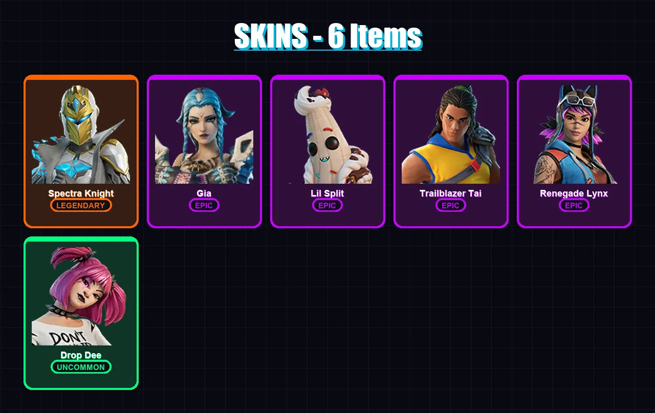 [PC/XBOX/PSN] | Spectra Knight | Gia | Lil Split | Trailblazer Tai | Renegade Lynx | 6 skin | 13 pickaxe | 11 emote | 12 glider | Lv131