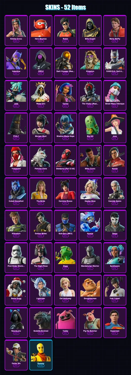 [PC/XBOX] | Keisha Cross | Hero Baymax | Robin | Blitz Knight | Marty McFly | 52 skin | 84 pickaxe | 58 emote | 59 glider | Lv702