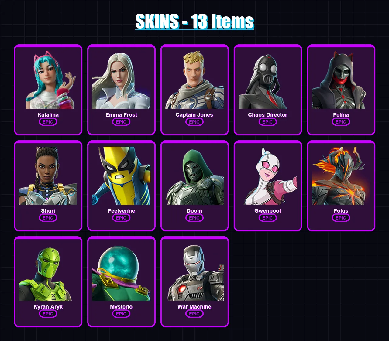 [PC/PSN] | Katalina | Emma Frost | Captain Jones | Chaos Director | Felina | 13 skin | 18 pickaxe | 11 emote | 12 glider | Lv110 — Fortnite account