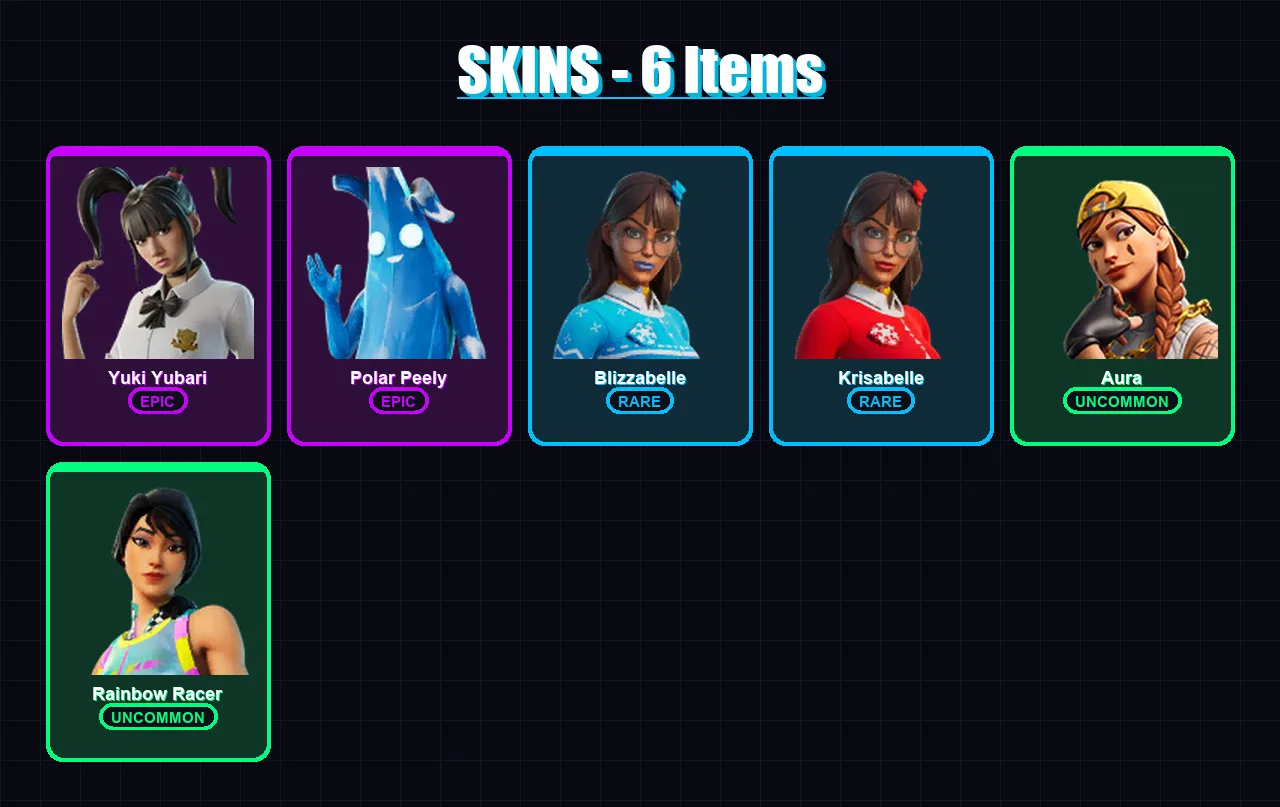 [PS4/PS5/XBOX/PC] | Yuki Yubari | Polar Peely | Blizzabelle | Krisabelle | Aura | 6 skin | 24 pickaxe | 12 emote | 19 glider | Lv297