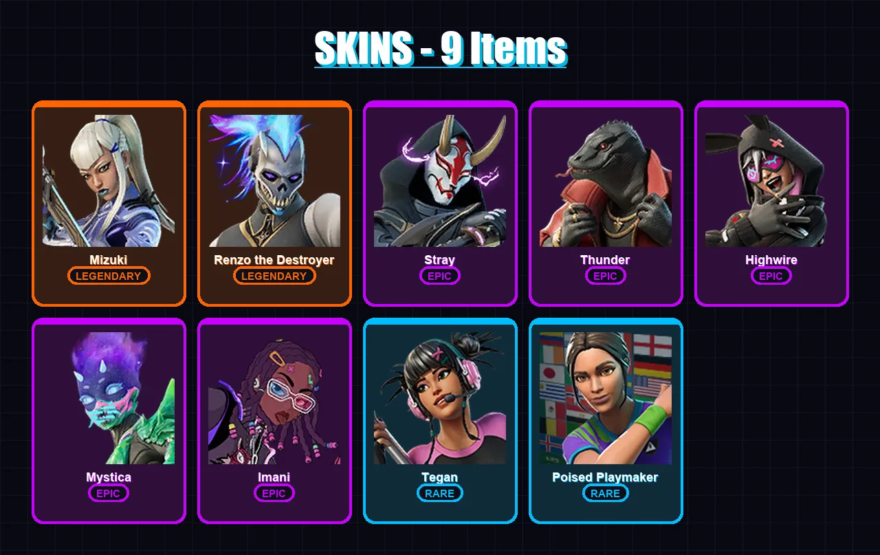[PC] | Mizuki | Renzo the Destroyer | Stray | Thunder | Highwire | 9 skin | 12 pickaxe | 13 emote | 12 glider | Lv140