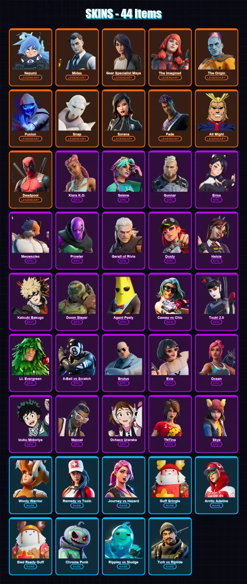 [SWITCH/XBOX/PC] | Nezumi | Midas | Gear Specialist Maya | The Imagined | The Origin | 44 skin | 47 pickaxe | 35 emote | 42 glider | Lv591