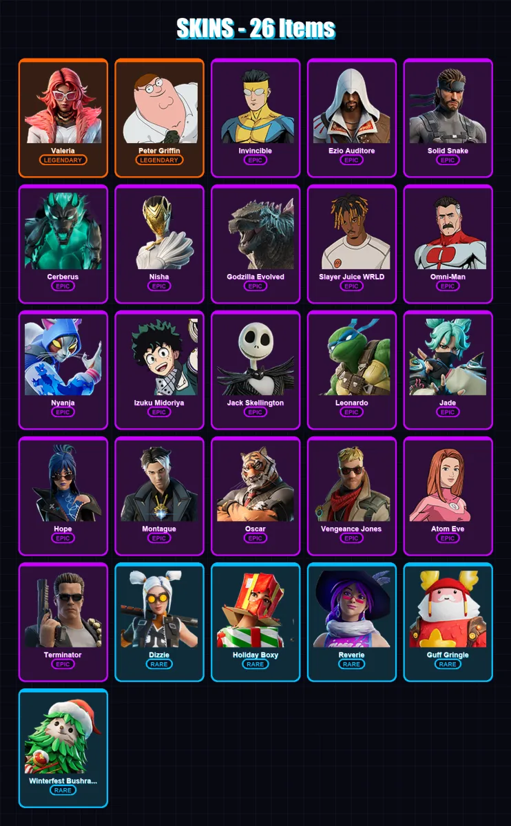 [PC/XBOX/PSN] | Valeria | Peter Griffin | Invincible | Ezio Auditore | Solid Snake | 26 skin | 21 pickaxe | 18 emote | 17 glider | Lv203