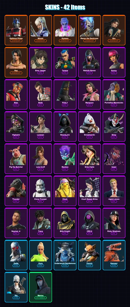 [PC/XBOX/PSN] | Optimus Prime | Mizuki | Kymera | Renzo the Destroyer | Era | 42 skin | 53 pickaxe | 43 emote | 46 glider | Lv786