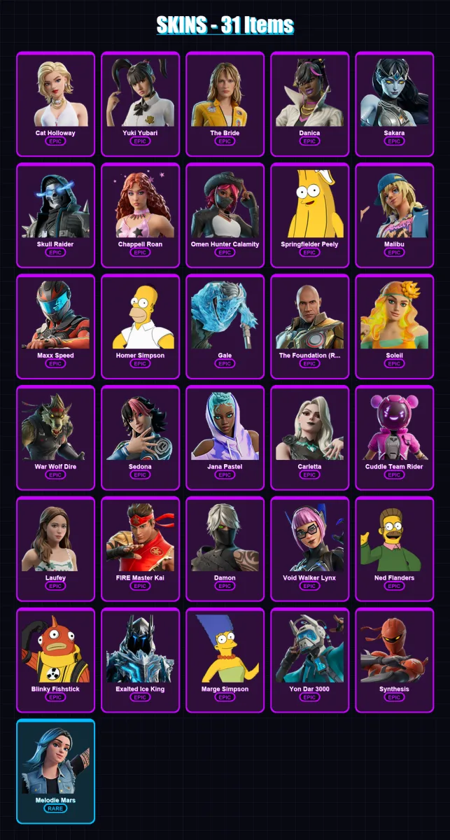 [PC/XBOX/PSN] | Cat Holloway | Yuki Yubari | The Bride | Danica | Sakara | 31 skin | 32 pickaxe | 32 emote | 17 glider | Lv138
