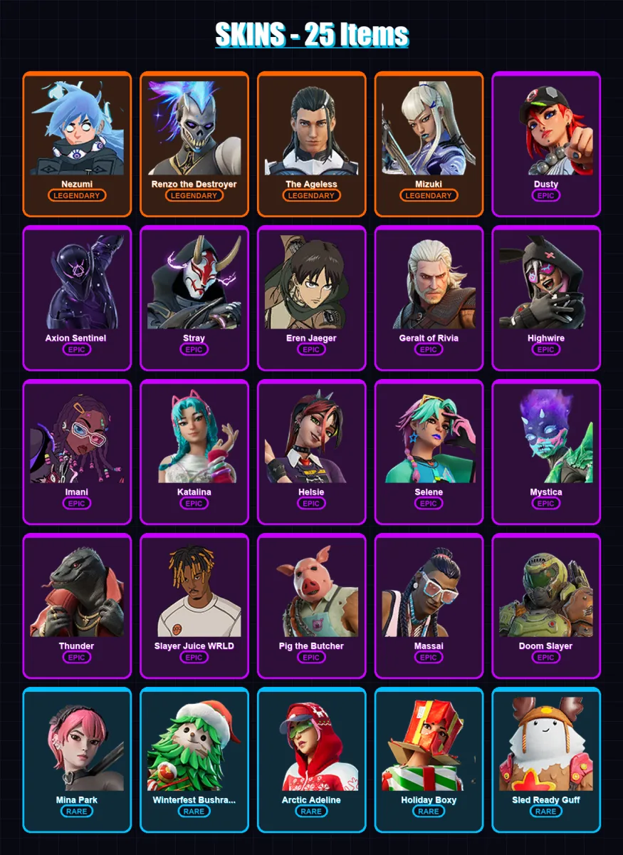 [PC/XBOX/PSN] | Nezumi | Renzo the Destroyer | The Ageless | Mizuki | Dusty | 25 skin | 45 pickaxe | 36 emote | 38 glider | Lv446