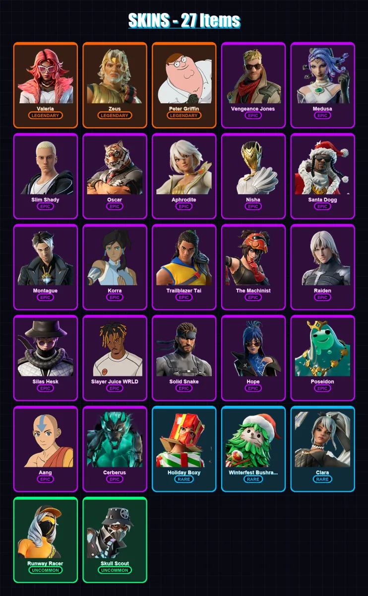 [PC/XBOX] | Valeria | Zeus | Peter Griffin | Vengeance Jones | Medusa | 27 skin | 39 pickaxe | 34 emote | 25 glider | Lv335
