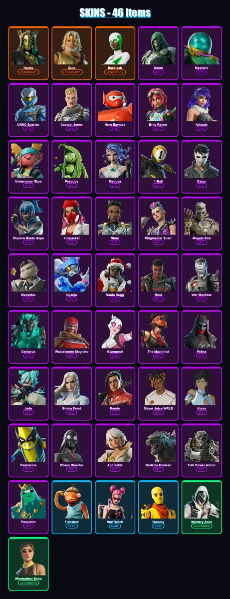 [PC/XBOX/PSN] | Hades | Zeus | Backlash | Doom | Mysterio | 46 skin | 93 pickaxe | 60 emote | 67 glider | Lv994