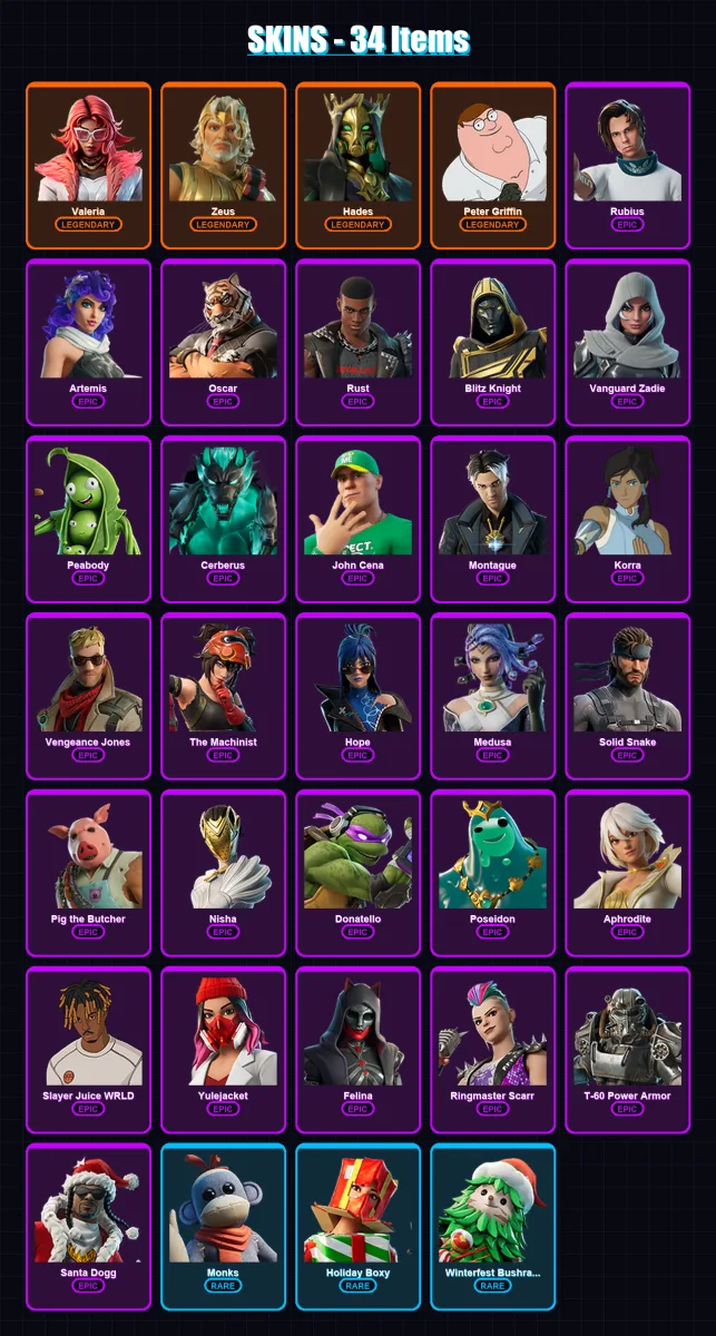 [PS4/PS5/XBOX/PC] | Valeria | Zeus | Hades | Peter Griffin | Rubius | 34 skin | 96 pickaxe | 44 emote | 65 glider | Lv956