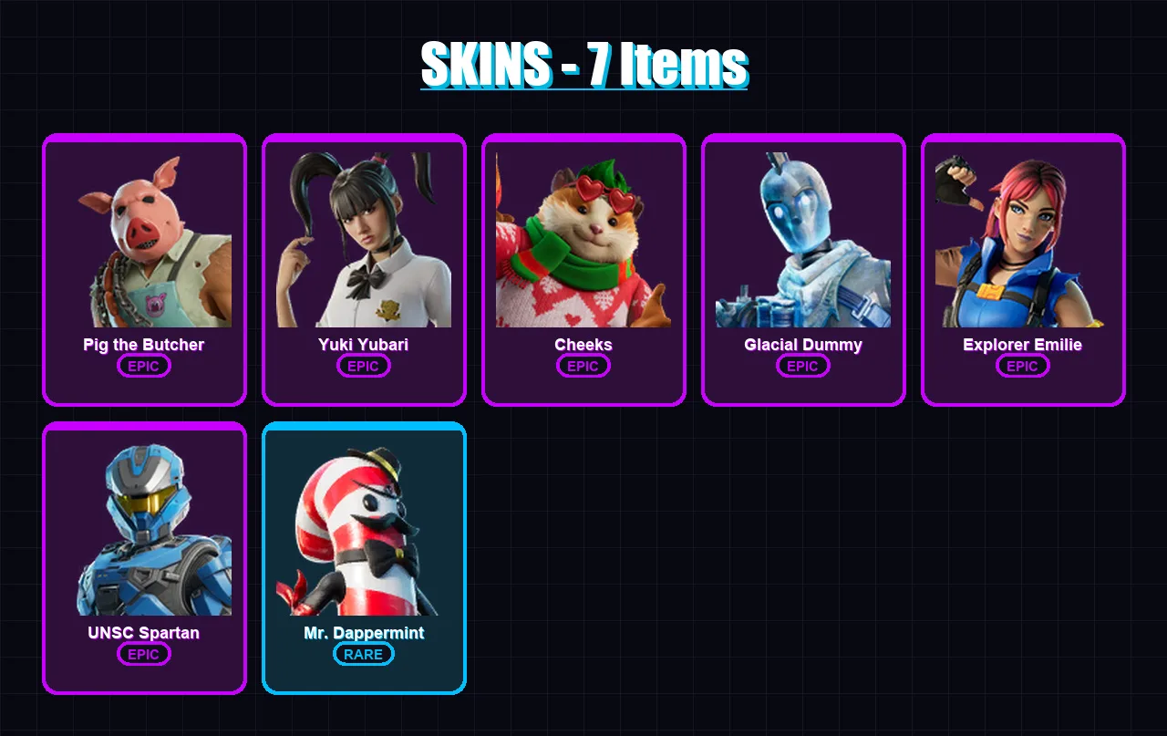 [PC/XBOX/PSN] | Pig the Butcher | Yuki Yubari | Cheeks | Glacial Dummy | Explorer Emilie | 7 skin | 55 pickaxe | 19 emote | 33 glider | Lv684