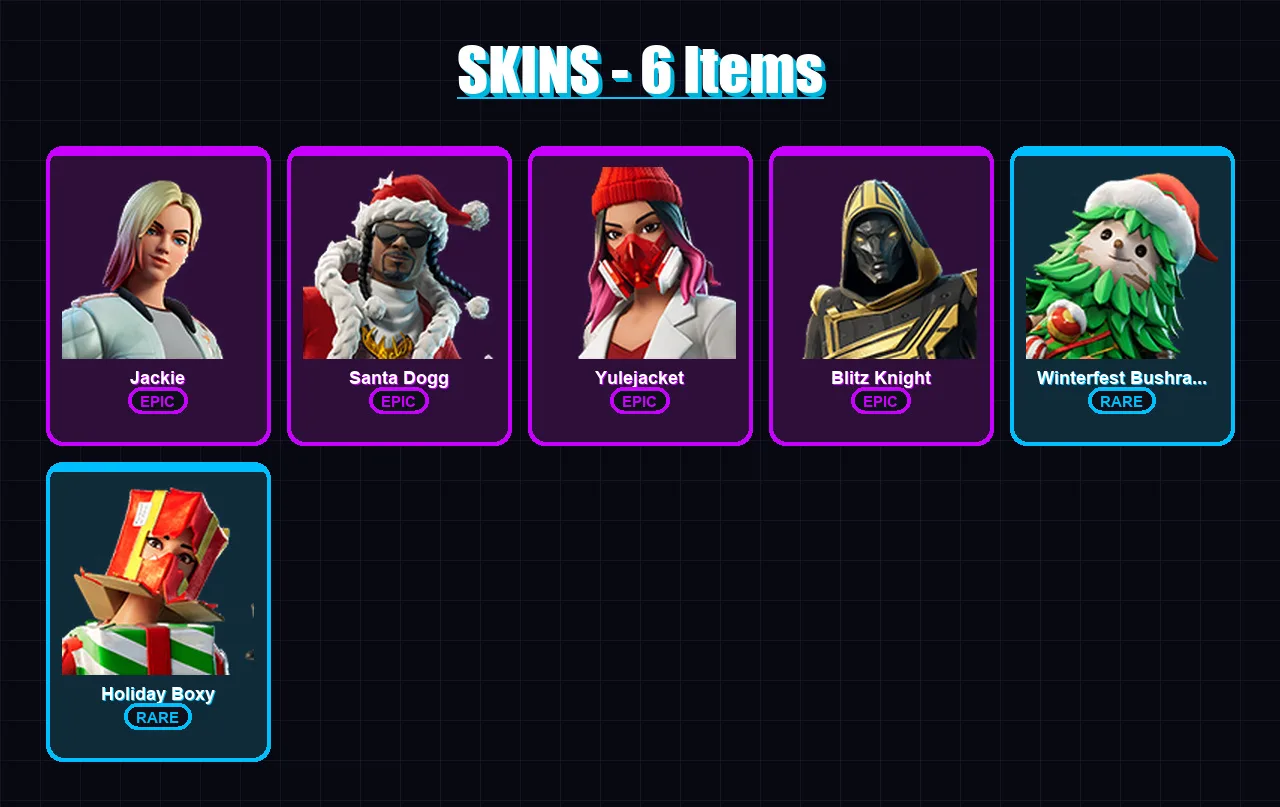 [PC/XBOX/PSN] | Jackie | Santa Dogg | Yulejacket | Blitz Knight | Winterfest Bushranger | 6 skin | 40 pickaxe | 10 emote | 35 glider | Lv322