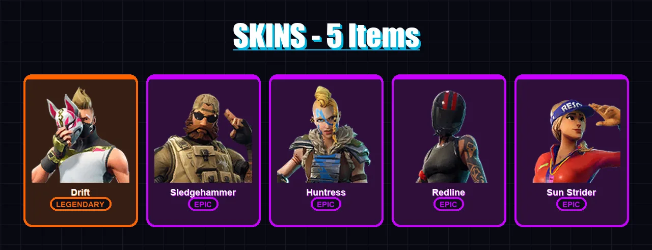 [PC/XBOX/PSN] | Drift | Sledgehammer | Huntress | Redline | Sun Strider | 5 skin | 5 pickaxe | 8 emote | 8 glider | Lv130