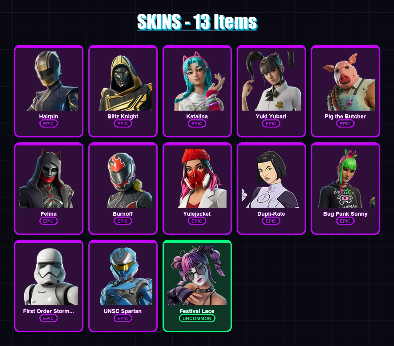 [PC/PSN] | Hairpin | Blitz Knight | Katalina | Yuki Yubari | Pig the Butcher | 13 skin | 80 pickaxe | 36 emote | 47 glider | Lv950