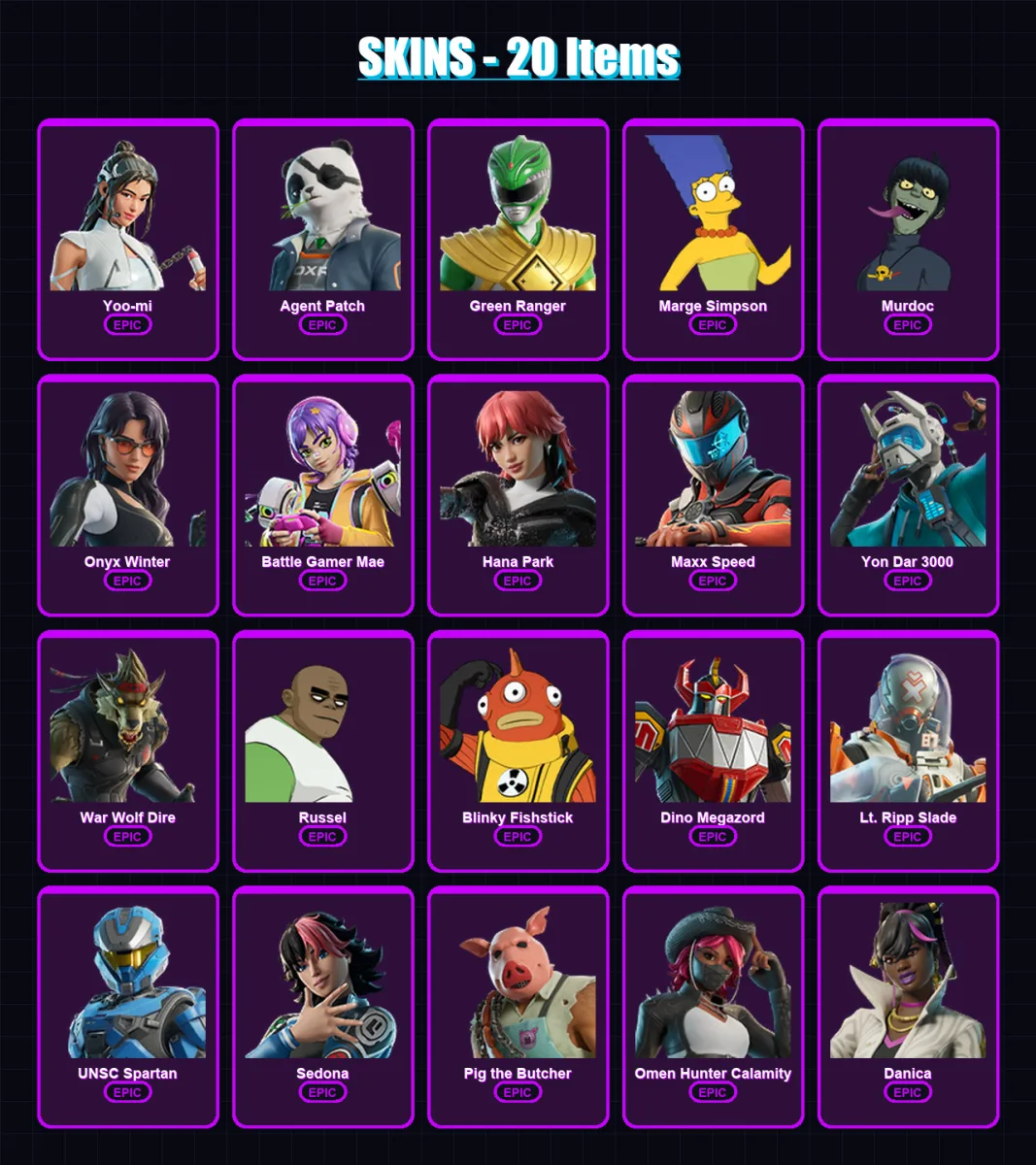 [PC/XBOX/PSN] | Yoo-mi | Agent Patch | Green Ranger | Marge Simpson | Murdoc | 20 skin | 40 pickaxe | 24 emote | 22 glider | Lv172