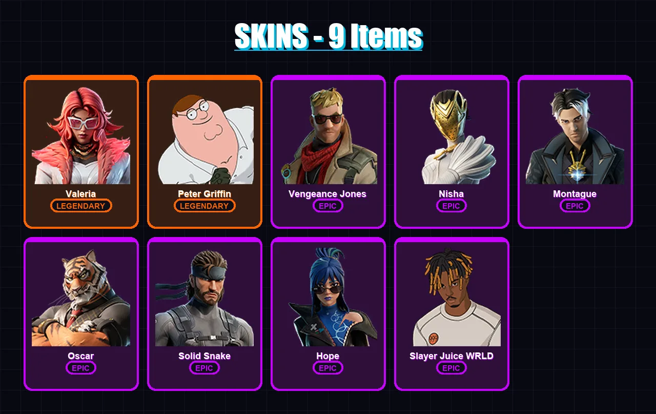 [SWITCH/PSN/PC] | Valeria | Peter Griffin | Vengeance Jones | Nisha | Montague | 9 skin | 12 pickaxe | 9 emote | 11 glider | Lv149