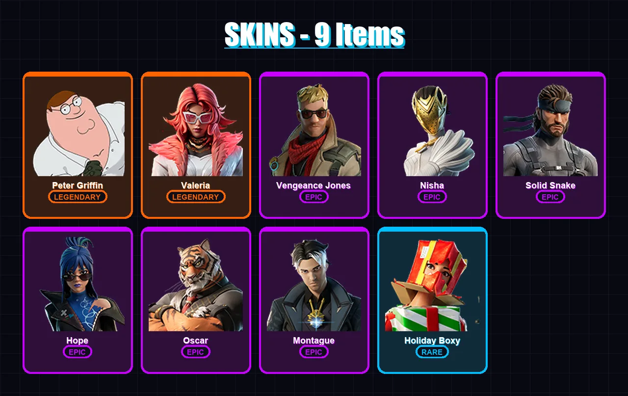 [SWITCH/PC] | Peter Griffin | Valeria | Vengeance Jones | Nisha | Solid Snake | 9 skin | 13 pickaxe | 13 emote | 13 glider | Lv224