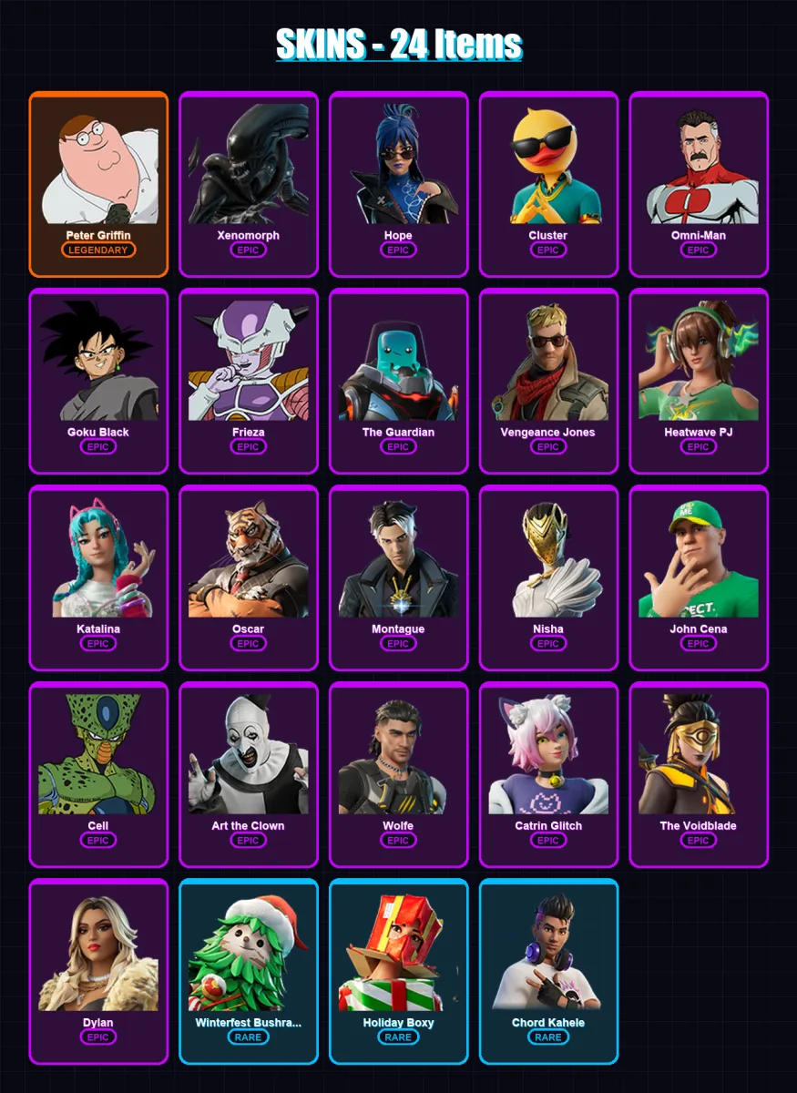 [PC/PSN] | Peter Griffin | Xenomorph | Hope | Cluster | Omni-Man | 24 skin | 26 pickaxe | 24 emote | 22 glider | Lv277