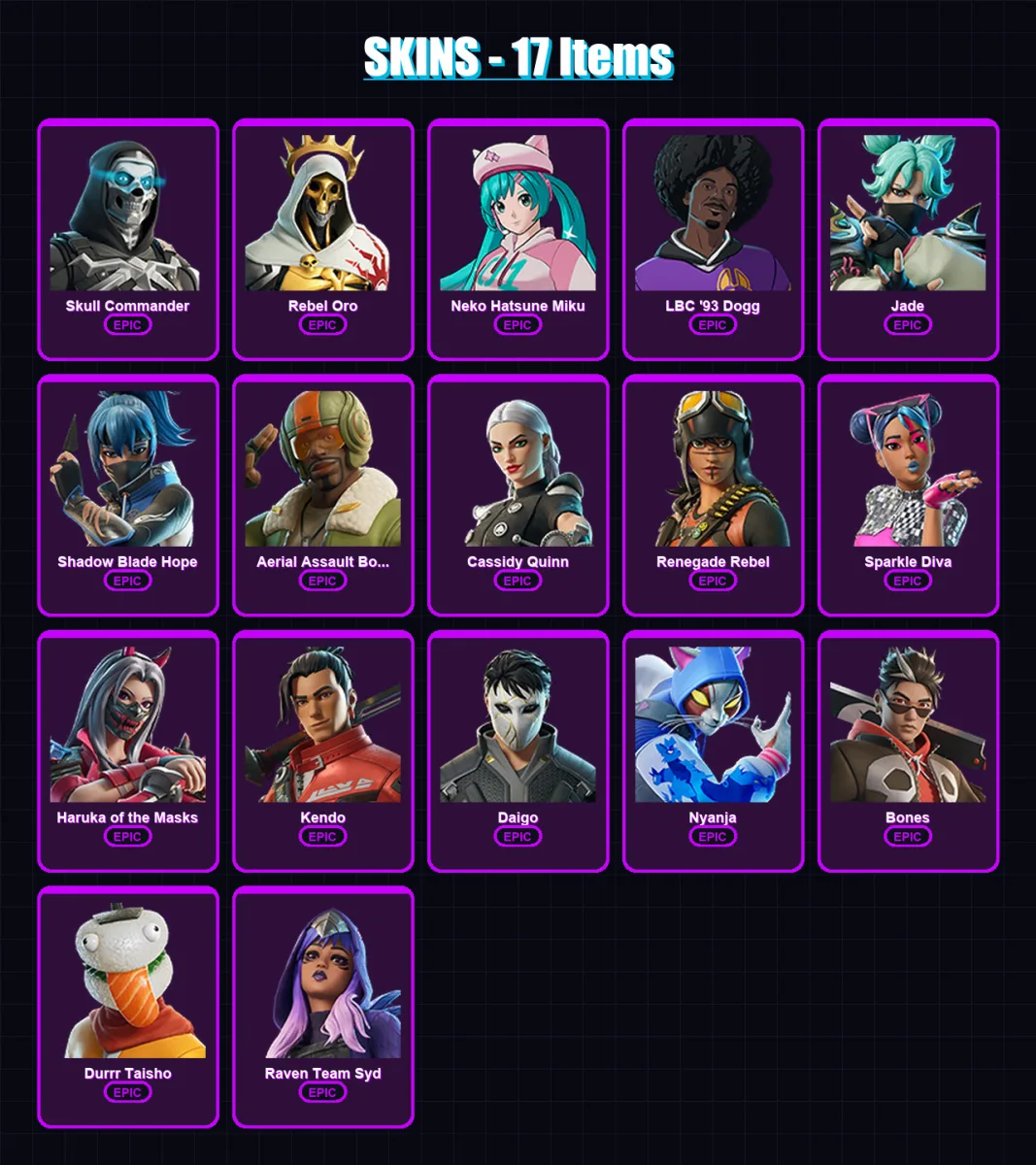 [PC/XBOX/PSN] | Skull Commander | Rebel Oro | Neko Hatsune Miku | LBC '93 Dogg | Jade | 17 skin | 22 pickaxe | 18 emote | 11 glider | Lv89 — Fortnite account