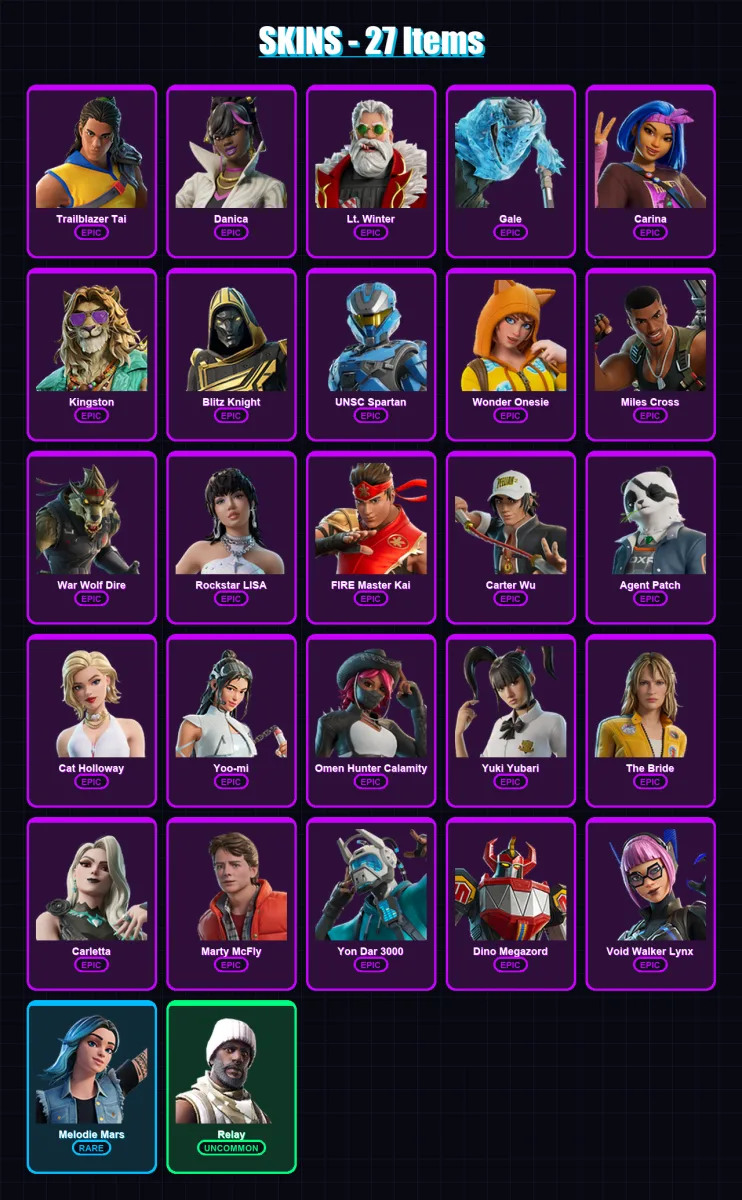 [PC] | Trailblazer Tai | Danica | Lt. Winter | Gale | Carina | 27 skin | 50 pickaxe | 38 emote | 29 glider | Lv363