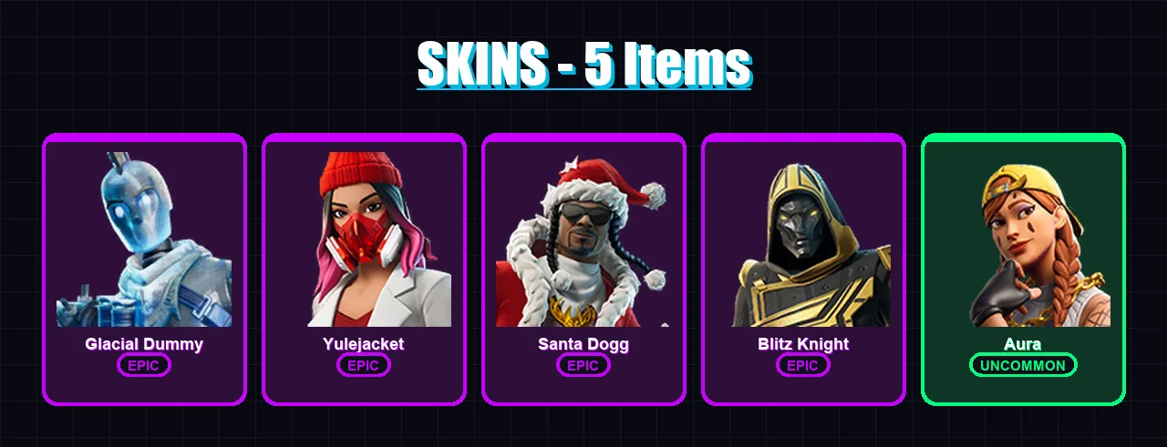 [PC/XBOX/PSN] | Glacial Dummy | Yulejacket | Santa Dogg | Blitz Knight | Aura | 5 skin | 49 pickaxe | 19 emote | 32 glider | Lv476