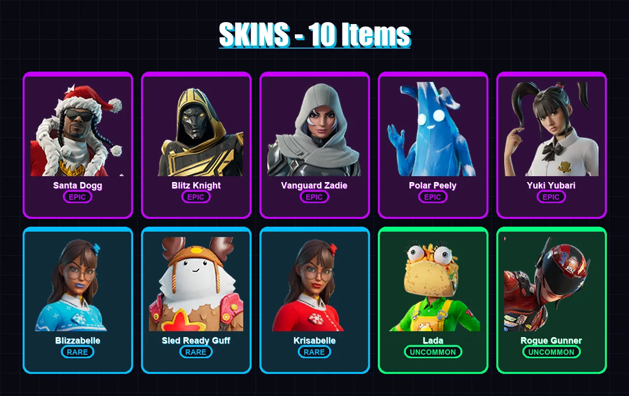 [PC/XBOX/PSN] | Santa Dogg | Blitz Knight | Vanguard Zadie | Polar Peely | Yuki Yubari | 10 skin | 76 pickaxe | 42 emote | 64 glider | Lv1570