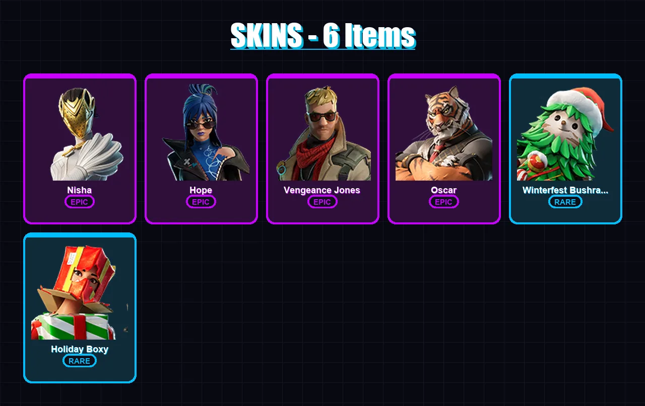 [PC/PSN] | Nisha | Hope | Vengeance Jones | Oscar | Winterfest Bushranger | 6 skin | 14 pickaxe | 8 emote | 14 glider | Lv126