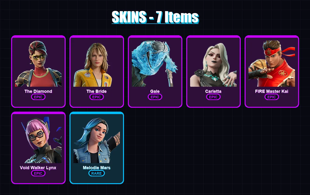 [PS4/PS5/PC] | The Diamond | The Bride | Gale | Carletta | FIRE Master Kai | 7 skin | 10 pickaxe | 8 emote | 3 glider | Lv25