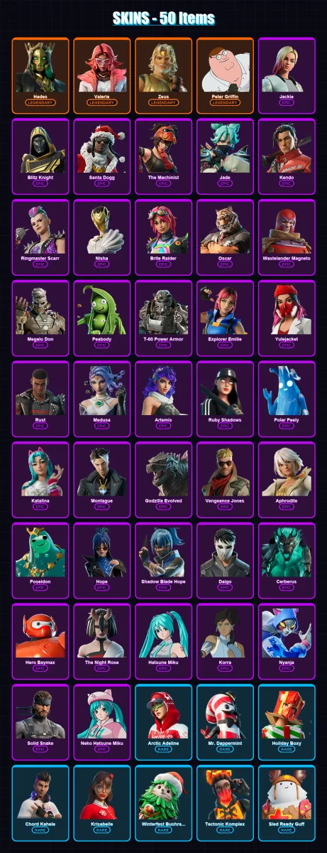 [PC/XBOX/PSN] | Hades | Valeria | Zeus | Peter Griffin | Jackie | 50 skin | 72 pickaxe | 66 emote | 57 glider | Lv765