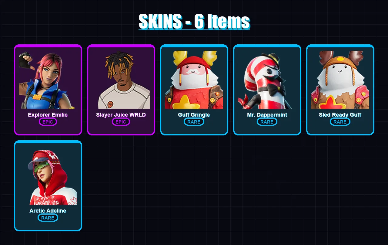 [PC/XBOX/PSN] | Explorer Emilie | Slayer Juice WRLD | Guff Gringle | 6 skin | Lv90