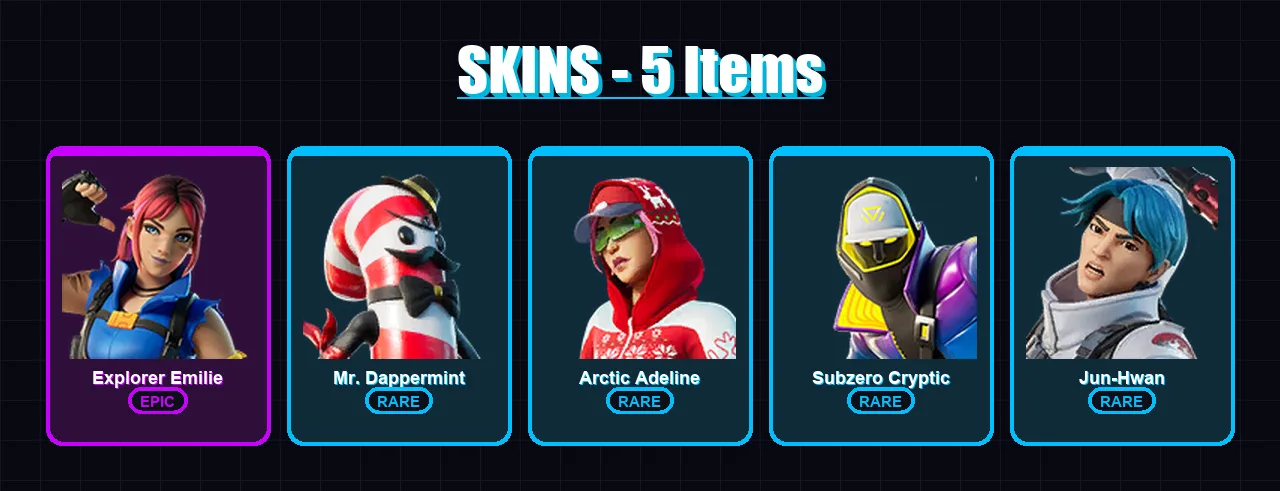 [PS4/PS5/XBOX/PC] | Explorer Emilie | Mr. Dappermint | Arctic Adeline | Subzero Cryptic | Jun-Hwan | 5 skin | 9 pickaxe | 4 emote | 12 glider | Lv93