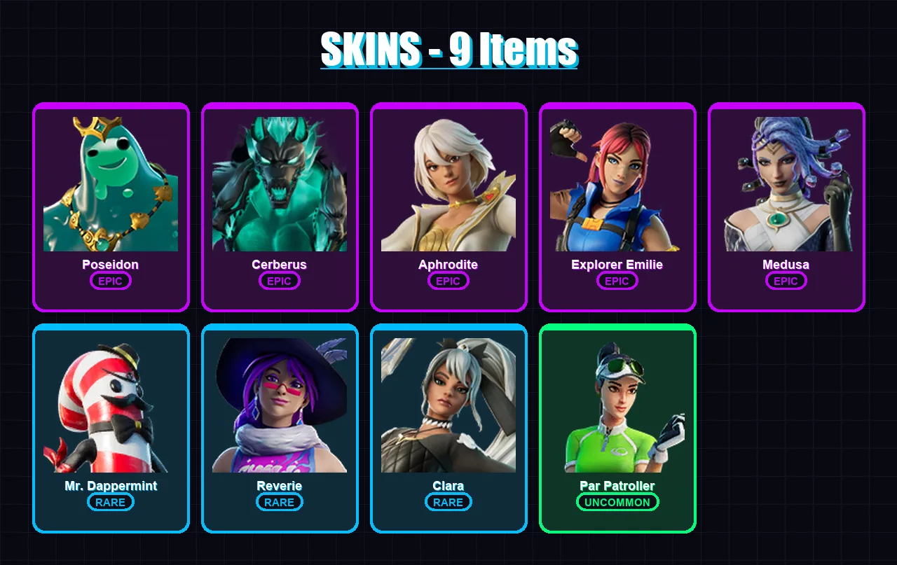 [PS4/PS5/XBOX/PC] | Poseidon | Cerberus | Aphrodite | Explorer Emilie | Medusa | 9 skin | 24 pickaxe | 15 emote | 16 glider | Lv270