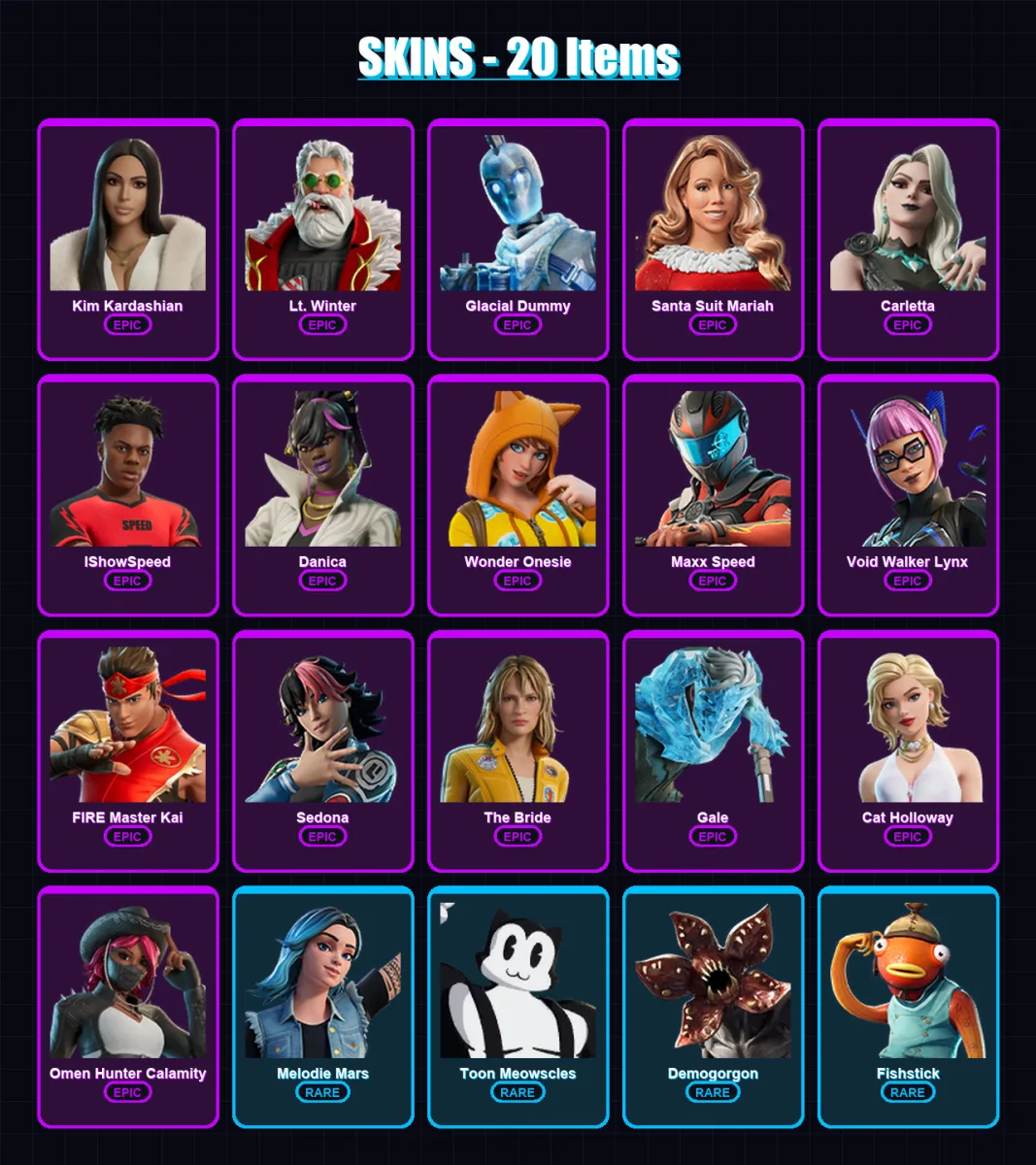 [PC/XBOX/PSN] | Kim Kardashian | Lt. Winter | Glacial Dummy | Santa Suit Mariah | Carletta | 20 skin | 16 pickaxe | 14 emote | 7 glider | Lv65 — Fortnite account
