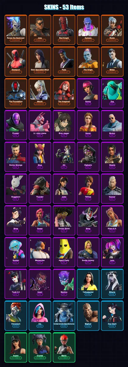 [PC/XBOX] | Renzo the Destroyer | Joey | Red Knight | Kymera | Ronin | 53 skin | 70 pickaxe | 66 emote | 60 glider | Lv1026