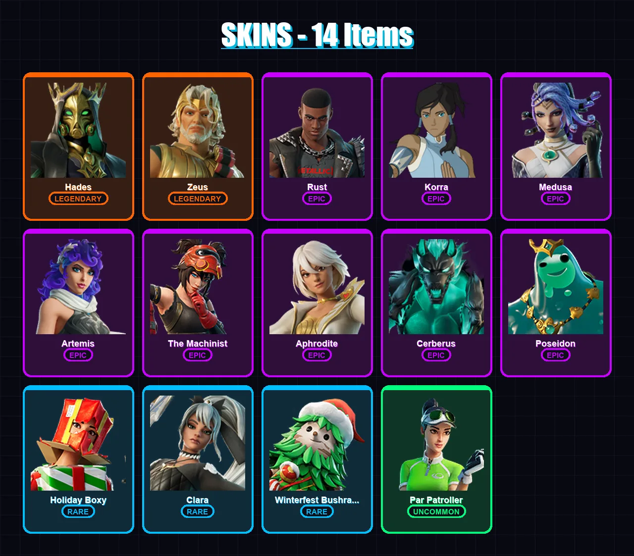 [PC/PSN] | Hades | Zeus | Rust | Korra | Medusa | 14 skin | 53 pickaxe | 19 emote | 34 glider | Lv453