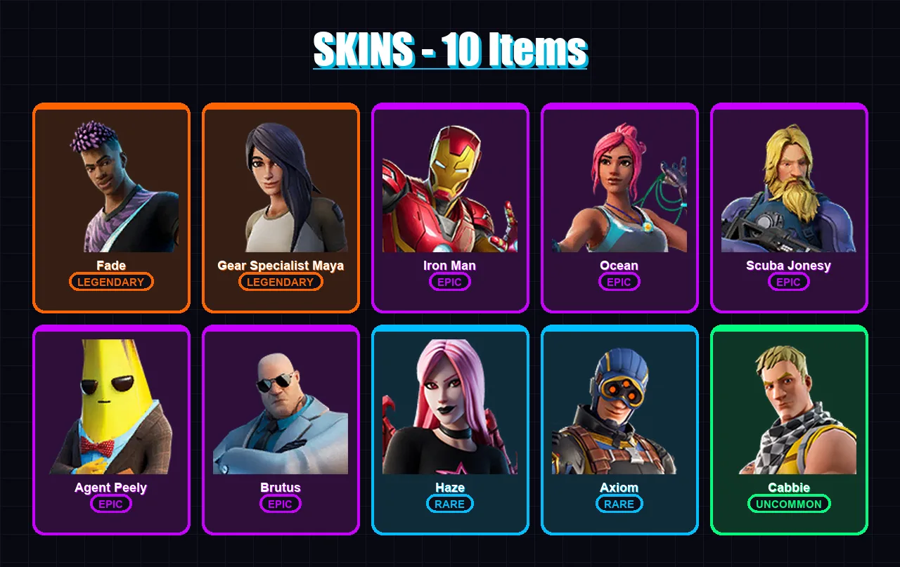[PC/XBOX/PSN] | Fade | Gear Specialist Maya | Iron Man | Ocean | Scuba Jonesy | 10 skin | 9 pickaxe | 13 emote | 14 glider | Lv135